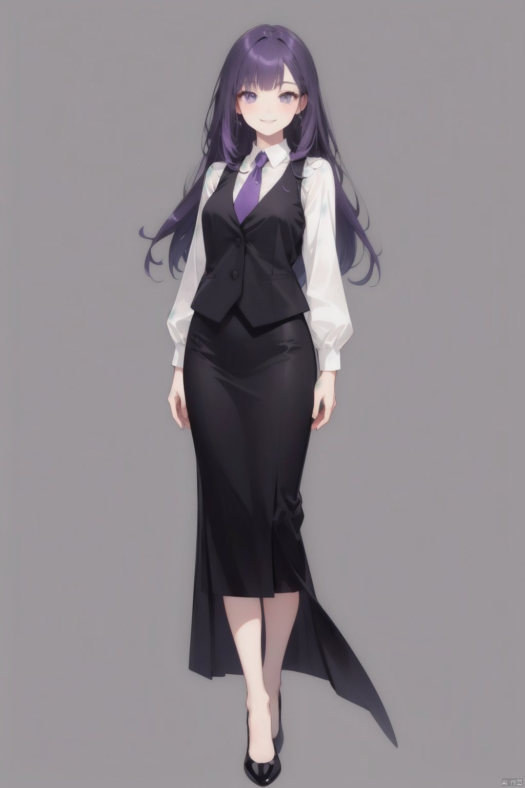 ((Perfect Face)),Purple Hair,Semi-long hair,1 female,bartender,,Black vest,tie,High heels,,((Simple light color background)),((smile)),((whole body)),((whole body)),Portraiture,virtual,upright,