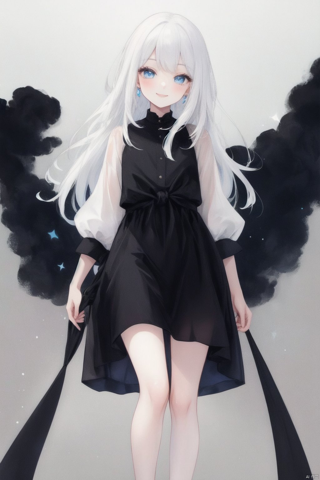 Blue eyes, smile, tied hair, white hair, dazzling, black silk, big long legs