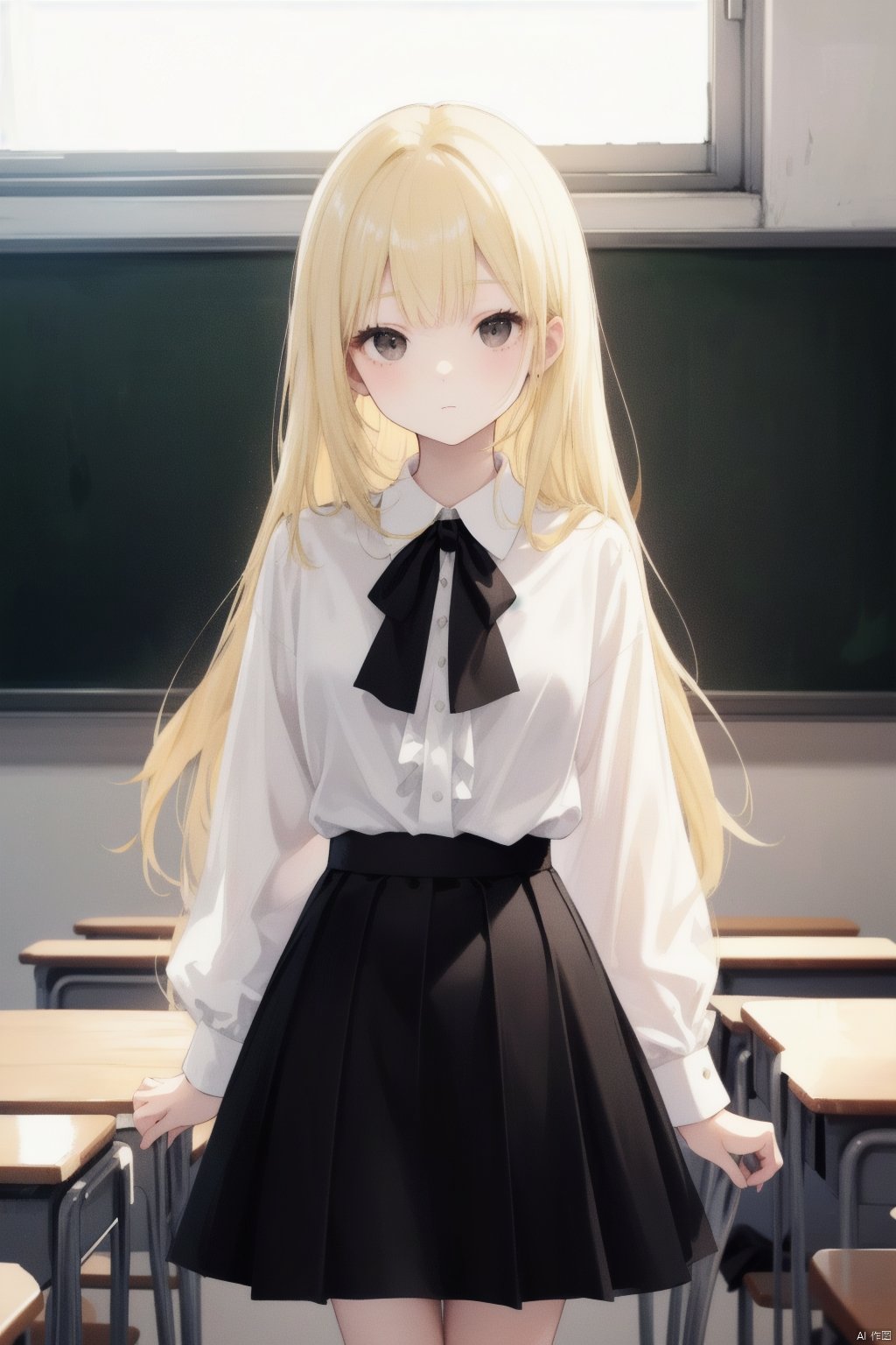 best quality, highres,Slender、brown eyes、tall、(73 divisions:1.5)、long hair、classroom、18-year-old、(white blouse:1.5)、(black skirt:1.5)、(blonde:1.5) 、8 life size
