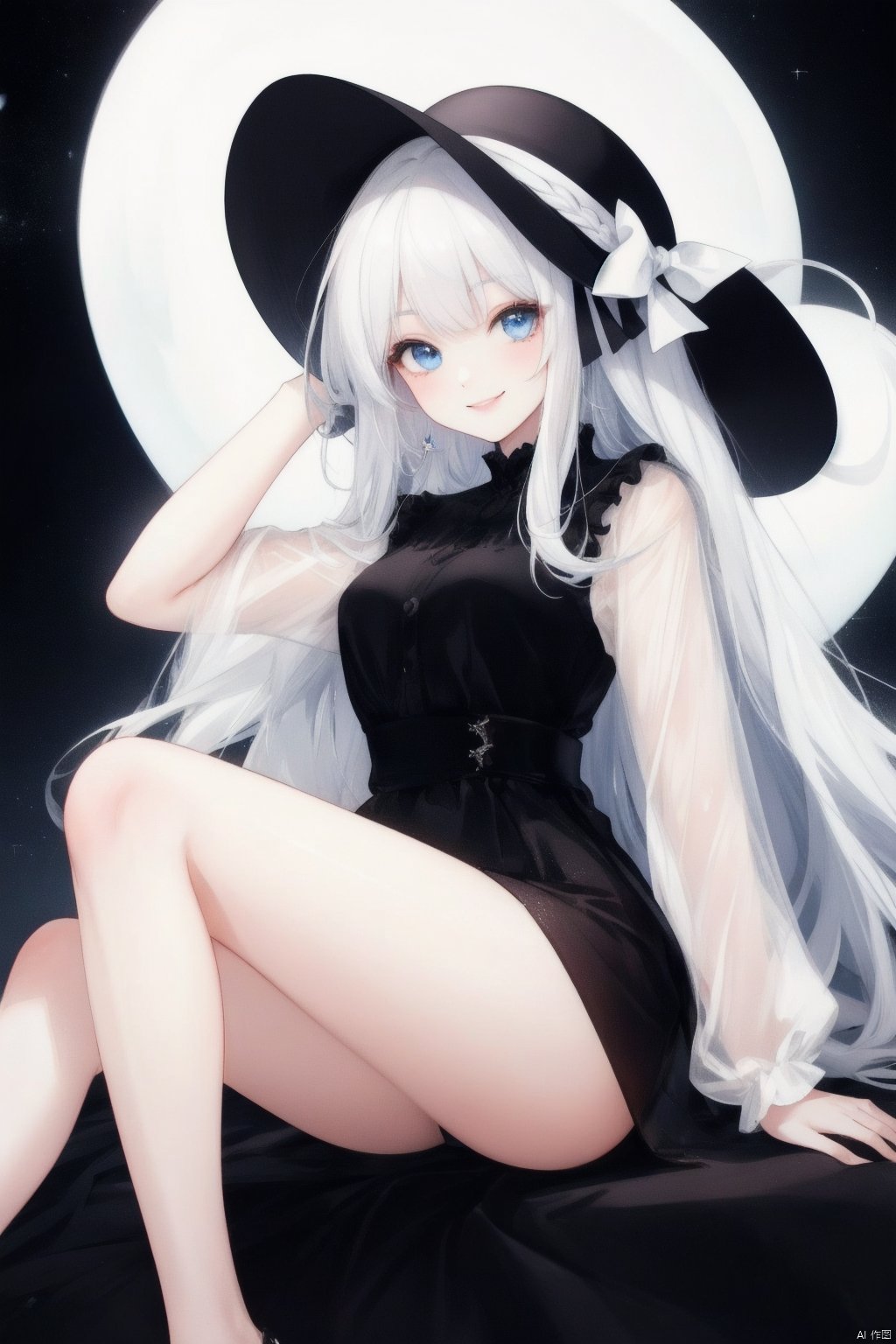 Blue eyes, smile, tied hair, white hair, dazzling, black silk, big long legs