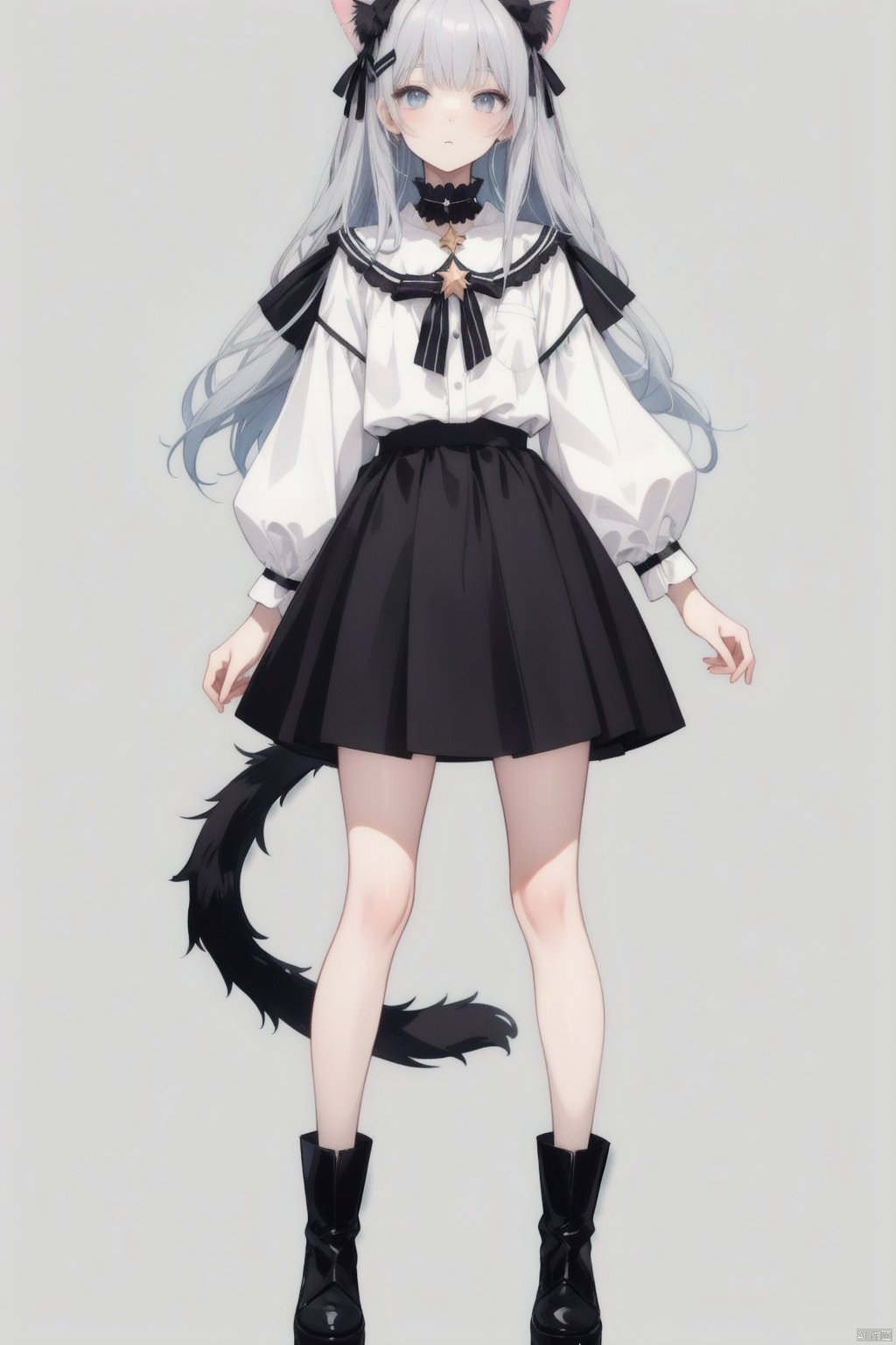 Close-up of a man wearing a skirt and boots,Character Design,Character portrait,Whole body,Standing,A girl on gray background,Seventeen,Gentle personality,Silver long hair,Black cat ears,Cat&#39;s Tail,Bow Hairpin,blue grey eyes,（（Black and white skirt））,Collar, Anime full body illustration, pretty Anime character design, Single character full body, High-quality anime art style, Adaptable personality, Suitable for whole body, Anime character design, High quality character design, Clear clothing design, Star witch clothes,  Official character illustrations, Shoujo manga character design