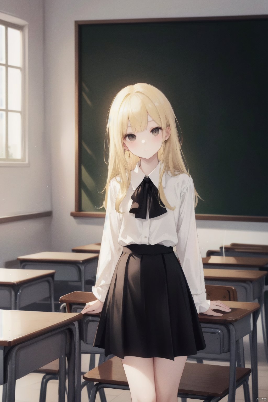 best quality, highres,Slender、brown eyes、tall、(73 divisions:1.5)、long hair、classroom、18-year-old、(white blouse:1.5)、(black skirt:1.5)、(blonde:1.5) 、8 life size
