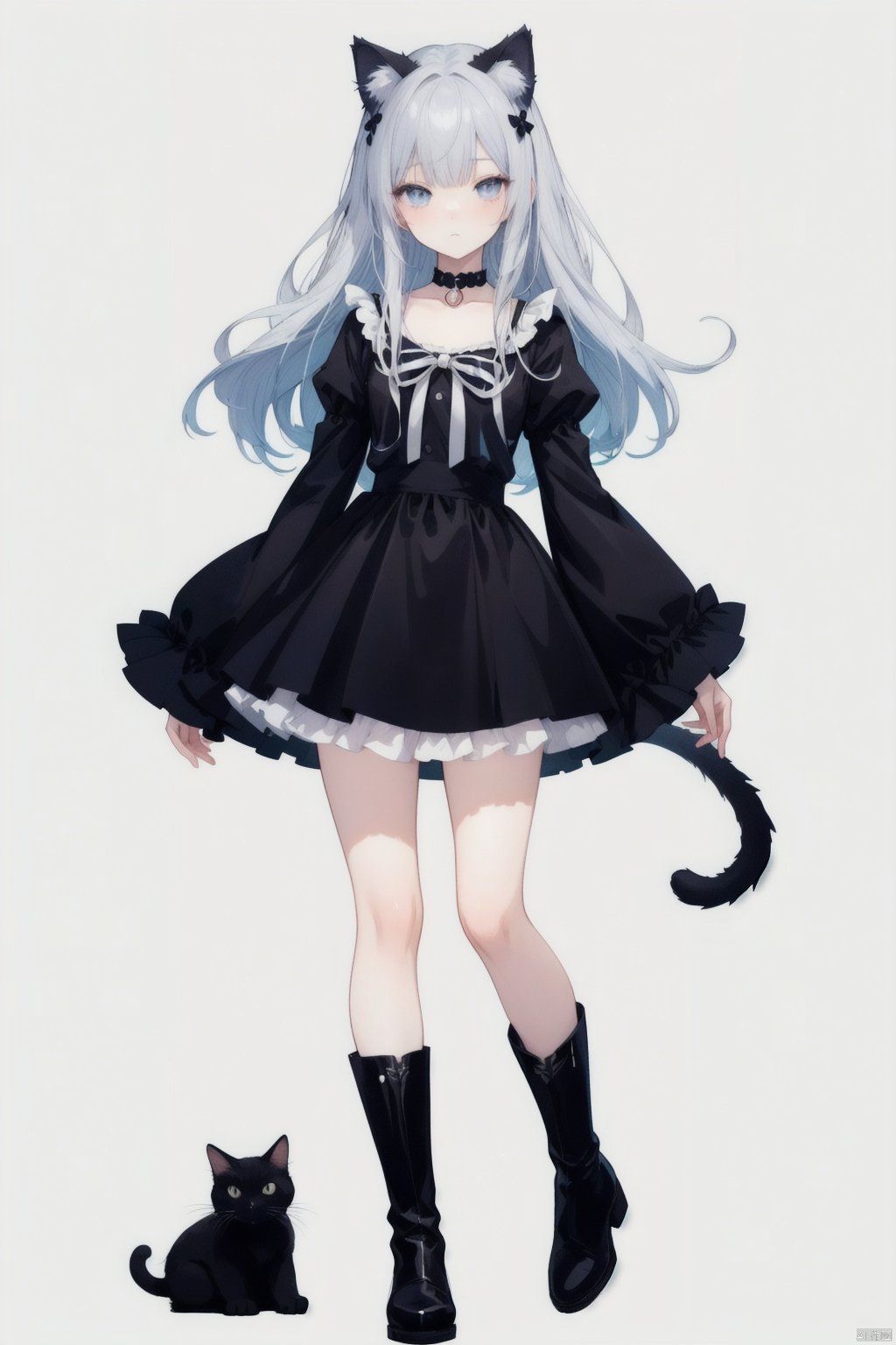 Close-up of a man wearing a skirt and boots,Character Design,Character portrait,Whole body,Standing,A girl on gray background,Seventeen,Gentle personality,Silver long hair,Black cat ears,Cat&#39;s Tail,Bow Hairpin,blue grey eyes,（（Black and white skirt））,Collar, Anime full body illustration, pretty Anime character design, Single character full body, High-quality anime art style, Adaptable personality, Suitable for whole body, Anime character design, High quality character design, Clear clothing design, Star witch clothes,  Official character illustrations, Shoujo manga character design