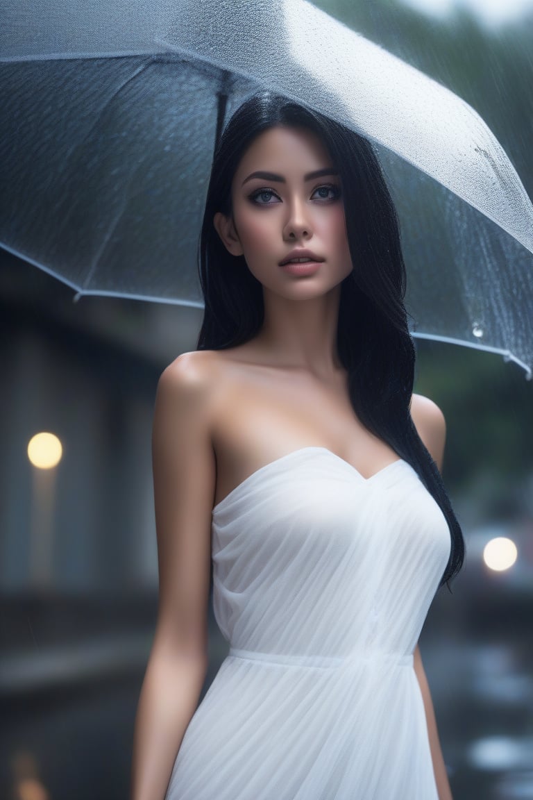 aesthetic portrait, solo, parted lips, head tilt, depth_of_field, black hair, blurry background, black eyes, lips, realistic, 1girl, upper body, looking at viewer, rain, outdoors, white dress, wet dress, see-through,Unique Masterpiece