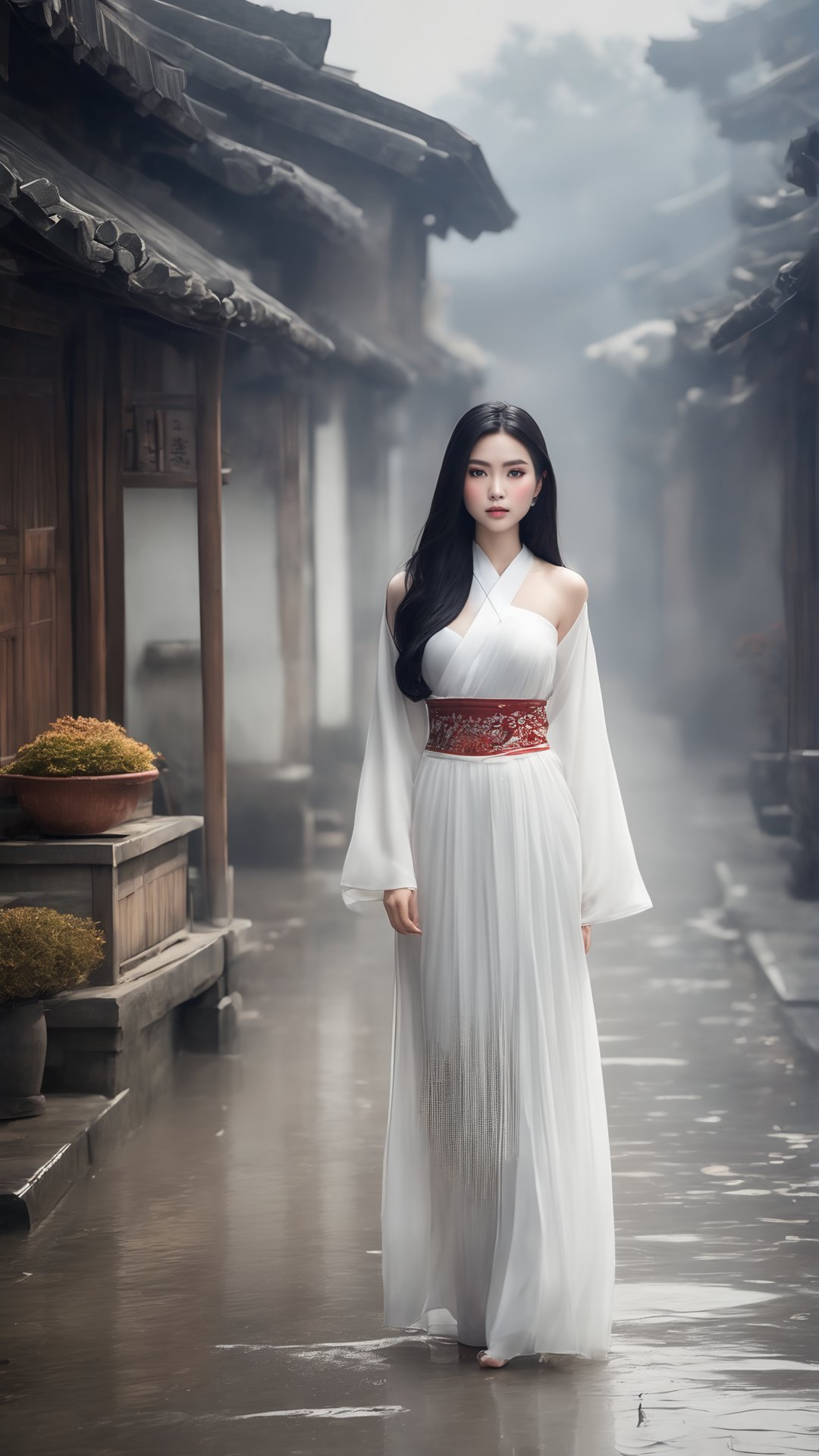 Beautiful woman with glasses,  long black hair,  perfect figure,  white Hanfu,  shoulder-exposed,  Jiangnan ancient town,  misty rain,  realistic scene,Enhanced All,photo r3al