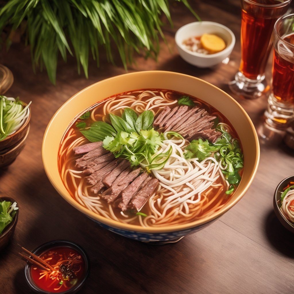 Best quality,masterpiece,ultra high res,famous traditional food of Vietnam,PHO,no humans,heat bowl of Pho,bird-view, slide of spicy, flat of beef rare, wood chopsticks, delicious ,the food perspective,tint of restaurant blur,asian ice tea in a glass,, ,Enhanced All