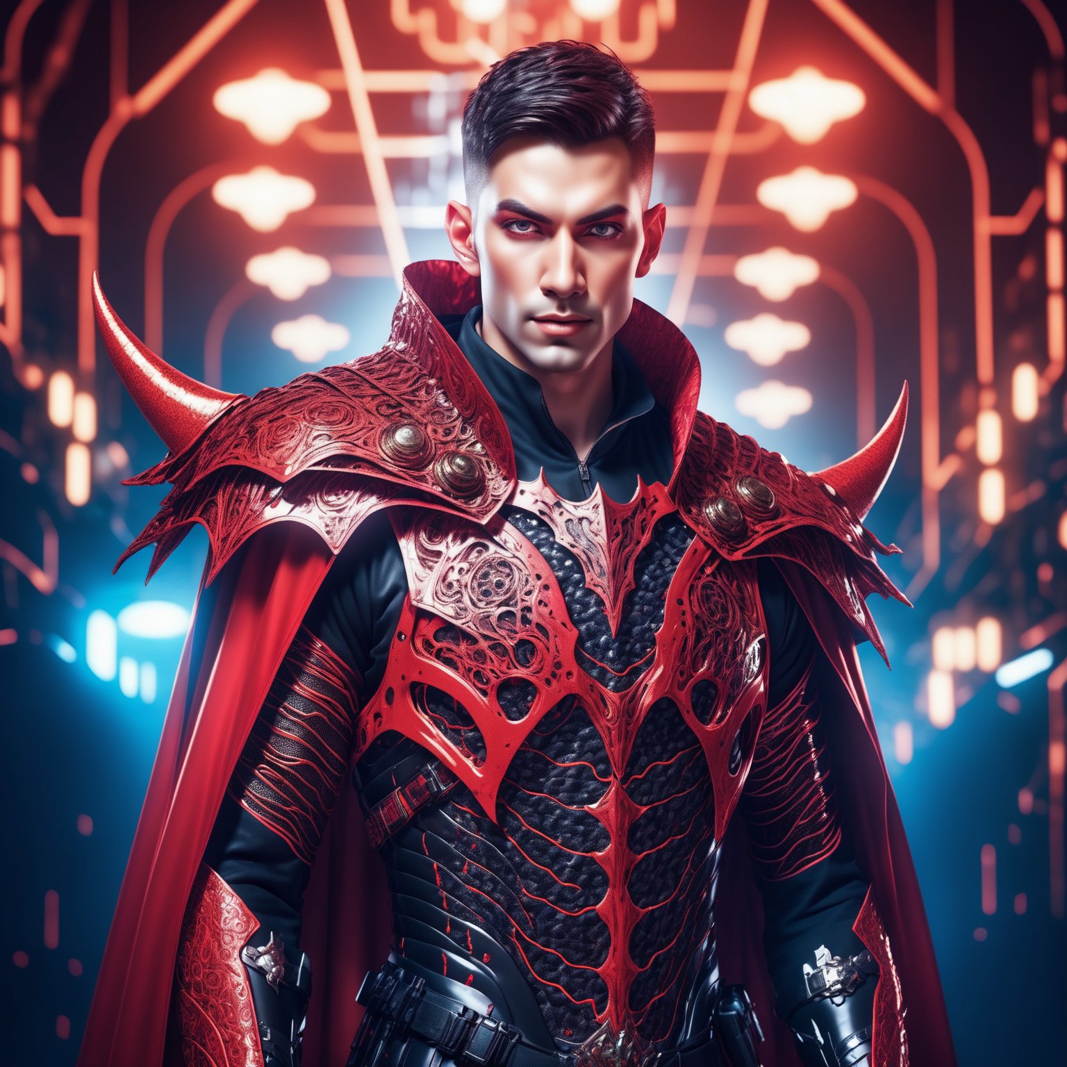 surreal photography of A Hi-Tech Cyberpunk male vampire wearing futuristic blood color armor, ((devil smile)), cape, ultra high resolution, 8k photography, extremely detailed, intricate armor, bloody filigree, futuristic design, shining body, fullbody_view, perfect custom armor, intricate armor, detailed texture, soft lighting, Movie Still,Enhanced All