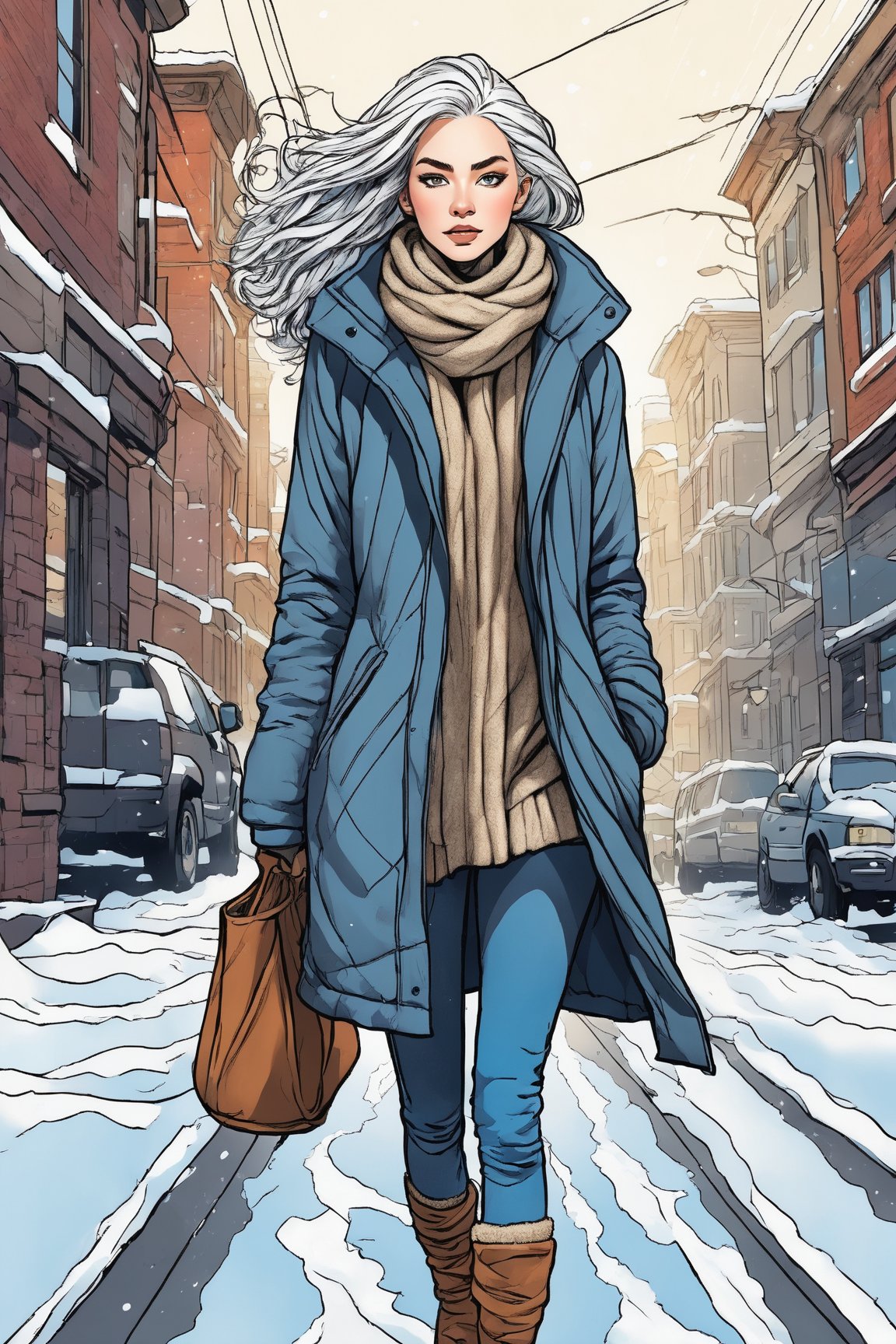 this image is a digital illustration with dynamic dark lines in a cel-shading style, showcasing the spectacular beauty of a young adult woman, who wears comfortable winter clothes. She has silver hair. She's walking down a street. Very low point of view. Tetradic colors.,Unique Masterpiece