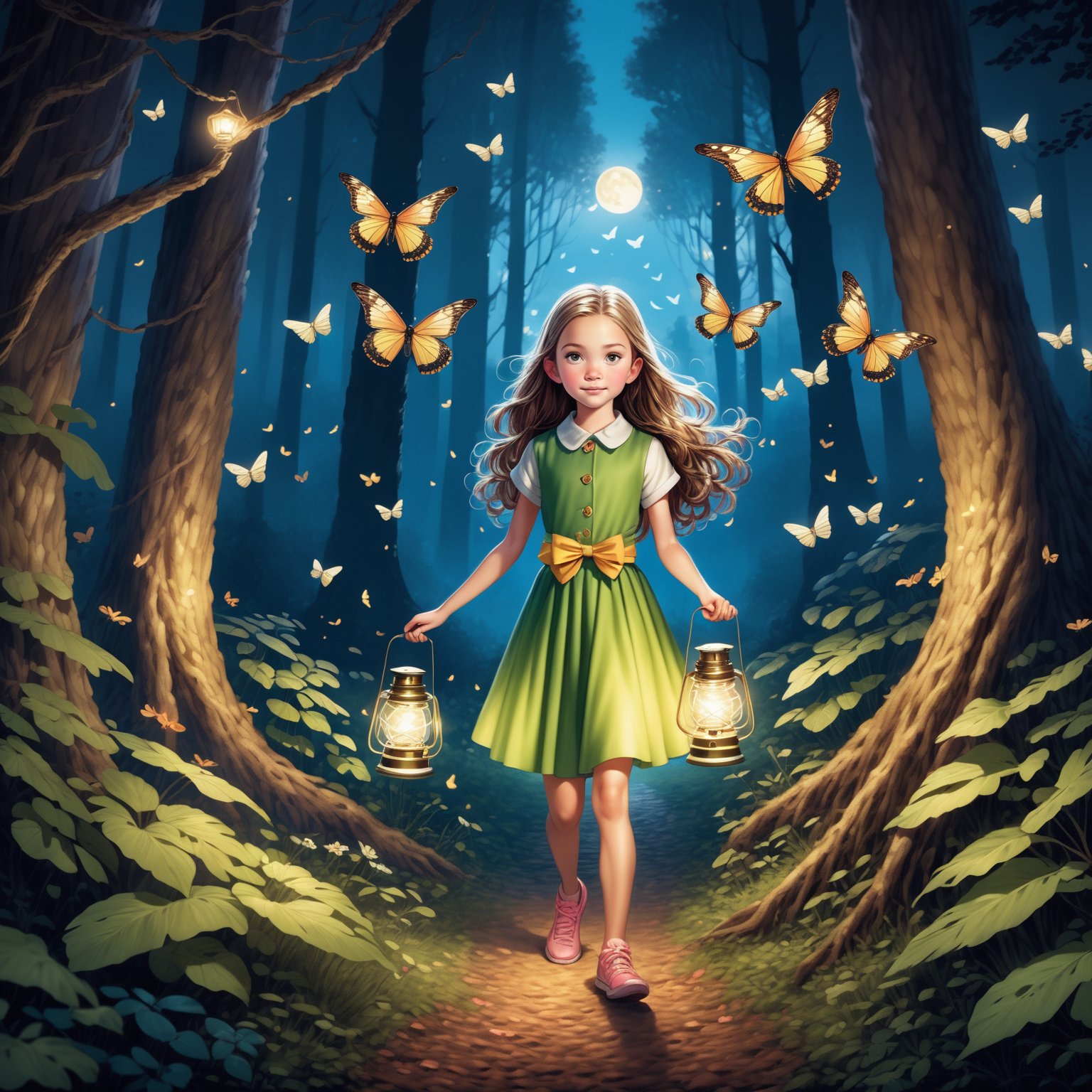 8K image quality, ultra high definition, a girl in the forest carrying a firefly lantern surrounded by glowing butterflies and fireflies. The girl is around 10 years old and wears a skirt with a bow. There are large plantain leaves and elves in the forest, with a size of 1:1