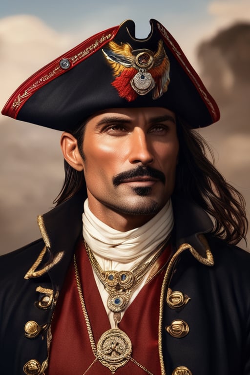 (((masterpiece))), ((best quality)), ((best illustration)),(((HD))), (((Hyper realistic))), ((Super realistic)), ((Extremely detailed)), (((extremely delicate and beautiful))), (detailed light), ((Loop)), solo, (oil painting), (Claymotion), (((he has a pirate hat on))), ((gold chain)), (((a hook for one hand))), (gold tooth),  (gold earing) ((hazel eyes)), (((Parrot on shoulder))), ((Eye patch on one eye)), ((Flowing dark brown hair)), (((red sun))), ((((surreal scenery))), ((slight grin on face)),ded1,frank grillo,Unique Masterpiece