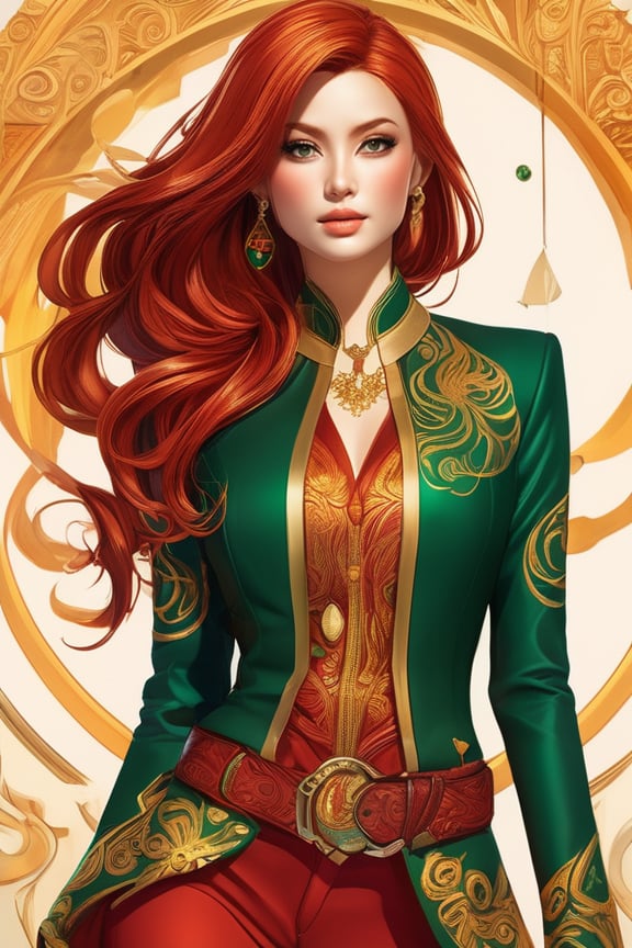 Passionate digital painting of Elara Sunfire's fiery nature illustrated through her amber eyes, untamed flame-like red hair and vivid, unconventional attire of emerald-green jacket with golden embroidery, flowing crimson blouse, dark indigo pants with golden patterns, accentuated with elemental brass jewelry and an assortment of pockets and pouches on a leather belt, movement highlighting dynamism, warmth, bold colors, intricate designs, contrast, catching light, ultra fine, highly detailed,Unique Masterpiece
