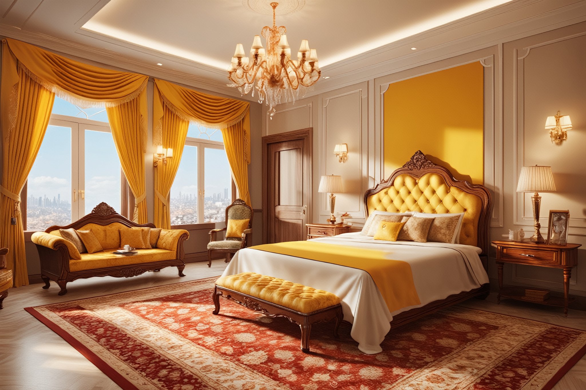 Extremely Realistic,  An eastern kingdom's emperor is on his higest class off luxury palace, random room, yellow is main color, flag is red and a golden star 