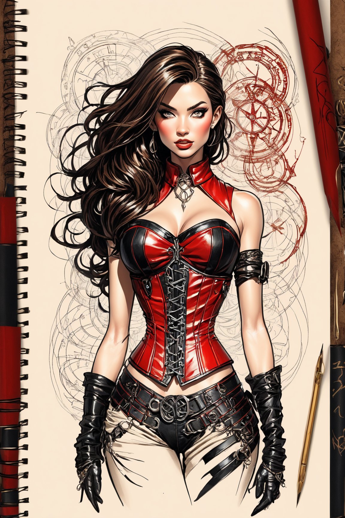 Sketchbook Style, Sketch book, hand drawn, dark, gritty, realistic sketch, Rough sketch, mix of bold dark lines and loose lines, bold lines, on paper, turnaround character sheet, a stunningly beautiful Amazon Woman, slim body, leather and lace corset, black red floating hair, bangs, Full body, arcane symbols, runes, dark theme, Perfect composition golden ratio, masterpiece, best quality, 4k, sharp focus. Better hand, perfect anatomy,Worldwide trending artwork,Unique Masterpiece