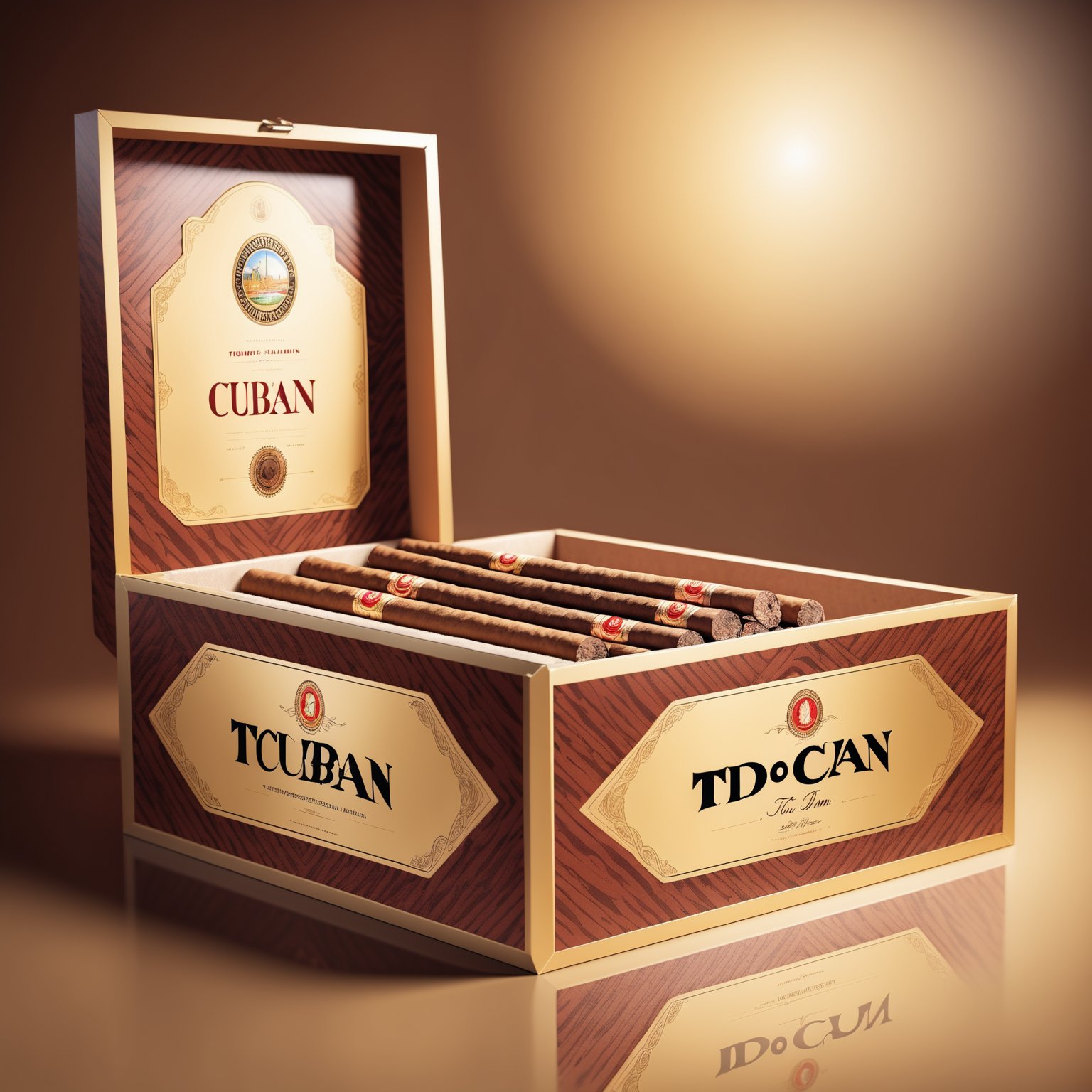4k image, high quality, extremly detailed, highest quality, masterpiece, absurdres, depth of field, smooth lighting, TDNM  Cuban cigar package with a sample TDNM cigar outside, gold colors, product design, paper package, package design, cigar alumi Box