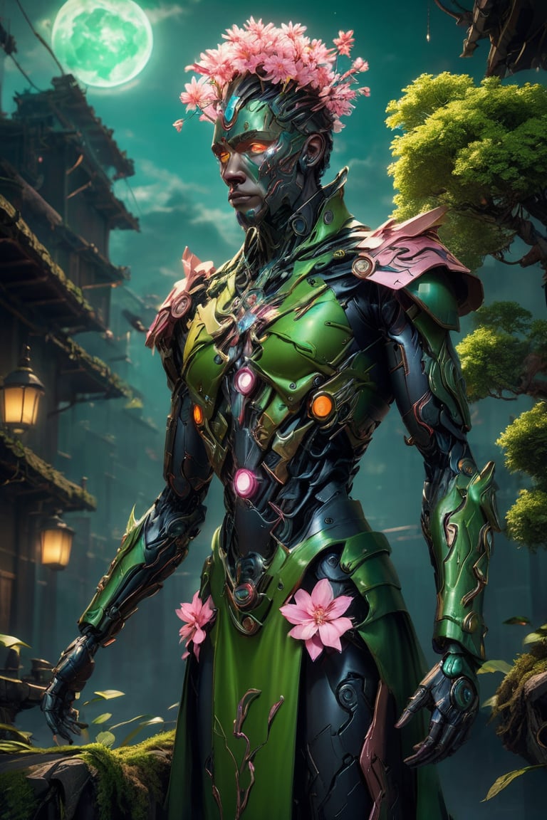 (The king),(Cyberpunk Treeman),metal leaves,wired branches,glowing light eyes,mechanical bark,with moss-covered bark,tribe outfit,(ancient tribal markings),control tendrils extending from the arms,Neon lights dancing on the body,(Lightning around branches and leaves),(peach blossom),Soft and delicate petals,vivd colour,(A harmonious blend of green and pink),(Ominous dark clouds in the sky),Night atmosphere,A futuristic,Vivid colors and high-contrast lighting,Dramatic shadows and highlights.(best quality, 4k, 8k, masterpiece: 1.2), ultra fine, (realistic, photo realistic, photo realistic: 1.37),Enhanced All,Mechanical part
