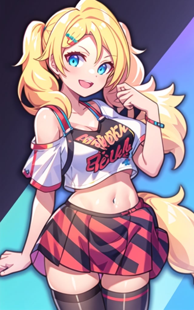 <lora:add_detail:0.5>,<lora:Kirara-mul-000008:0.8>,cowboy shot,Kirara_original,1girl,blonde hair,solo,navel,blue eyes,twintails,open mouth,midriff,thighhighs,crop top,smile,looking at viewer,black thighhighs,(white shirt:1.2),clothes around waist,off-shoulder shirt,short sleeves,bra strap,red checkered skirt,