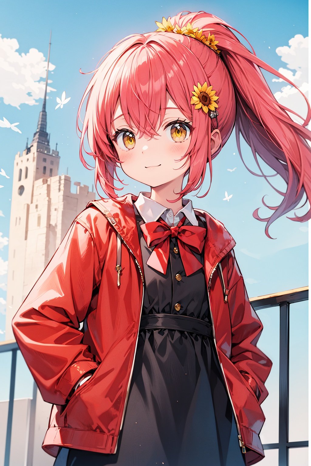  (best quality), ((masterpiece)), (highres),standing,original, extremely detailed wallpaper, (an extremely delicate and beautiful),(loli：1.2),(petite:1.2),Pink hair,Yellow eyes, (red Jacket),high ponytail,white collared shirt,hair flower,fipped hair,floating hair,Frown,hands in pockets,black dress,red bowtie,(solo),sky, skyline, skyscraper, smile, solo, sunflower, tower, upper_body,white flower