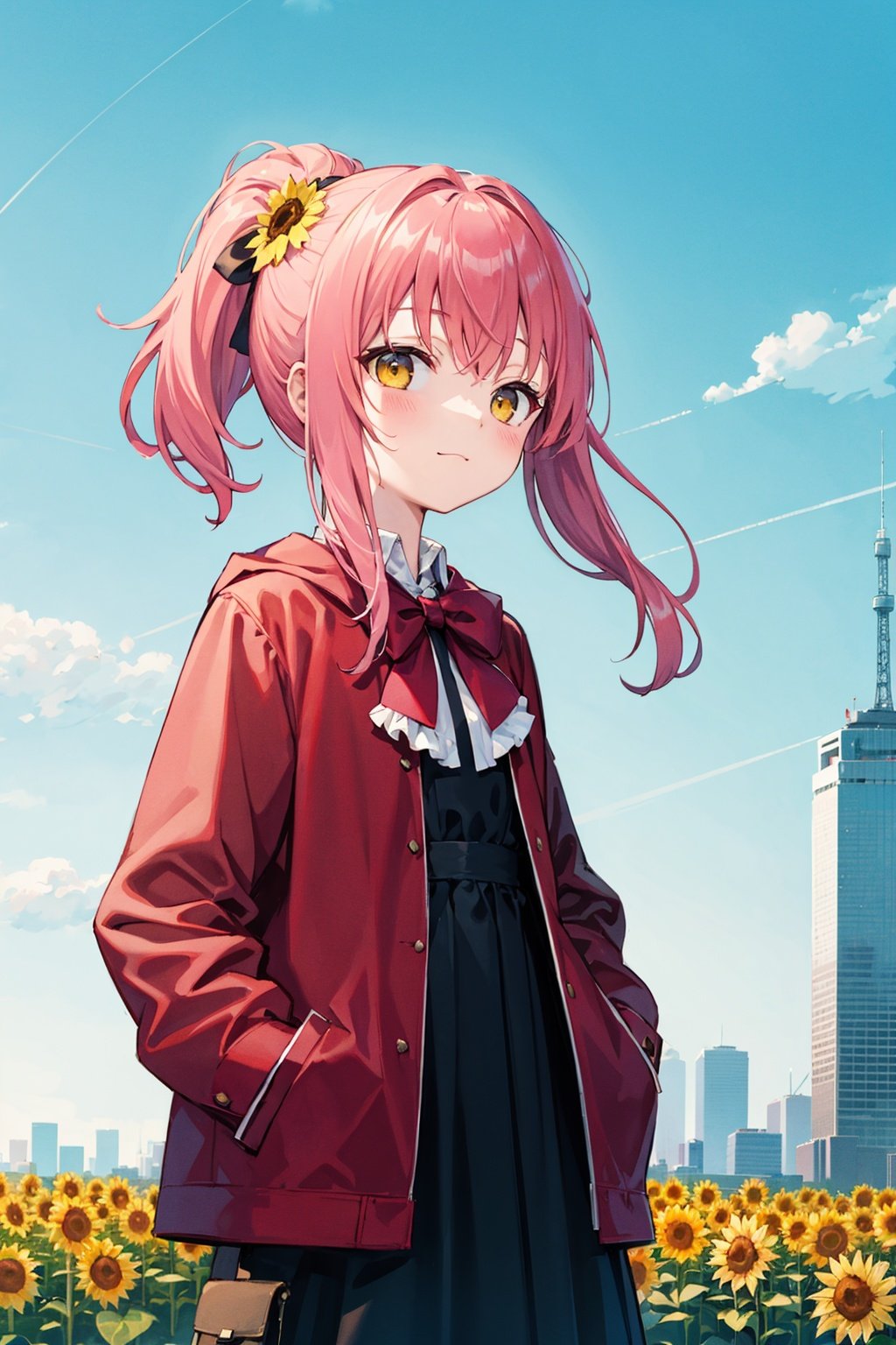  (best quality), ((masterpiece)), (highres),standing,original, extremely detailed wallpaper, (an extremely delicate and beautiful),(loli：1.2),(petite:1.2),Pink hair,Yellow eyes, (red Jacket),high ponytail,white collared shirt,hair flower,fipped hair,floating hair,Frown,hands in pockets,black dress,red bowtie,(solo),sky, skyline, skyscraper, smile, solo, sunflower, tower, upper_body,white flower