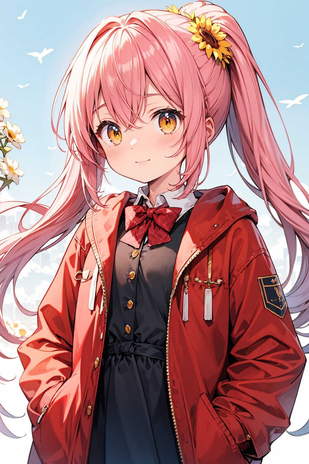  (best quality), ((masterpiece)), (highres),standing,original, extremely detailed wallpaper, (an extremely delicate and beautiful),(loli：1.2),(petite:1.2),Pink hair,Yellow eyes, (red Jacket),high ponytail,white collared shirt,hair flower,fipped hair,floating hair,Frown,hands in pockets,black dress,red bowtie,(solo),sky, skyline, skyscraper, smile, solo, sunflower, tower, upper_body,white flower