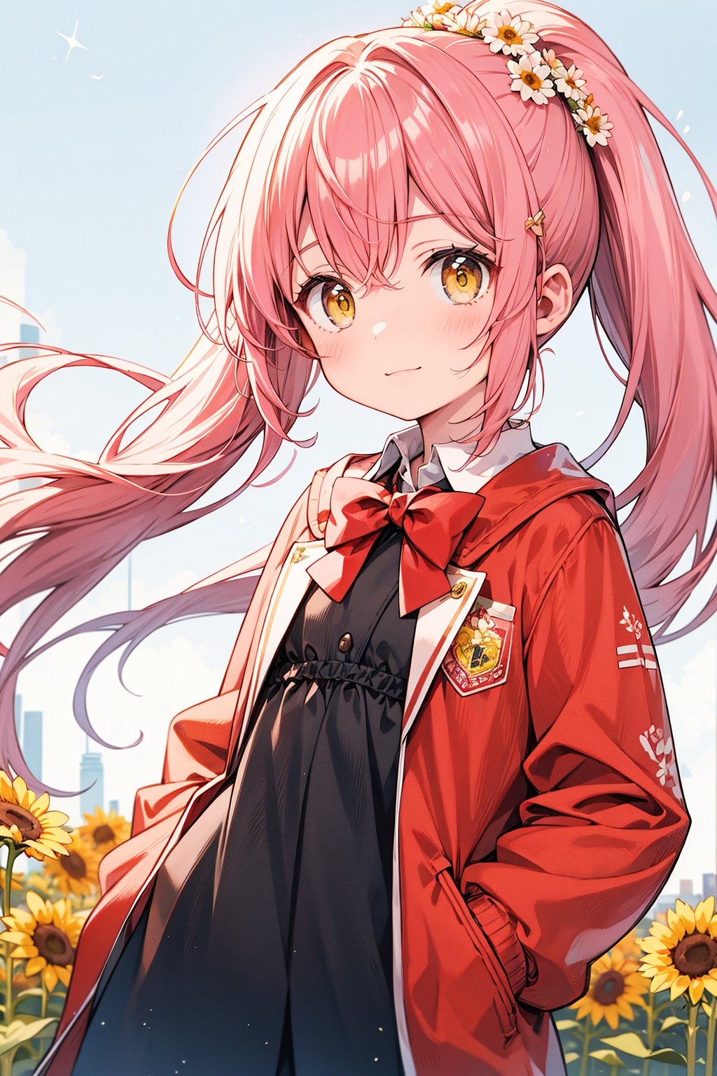  (best quality), ((masterpiece)), (highres),standing,original, extremely detailed wallpaper, (an extremely delicate and beautiful),(loli：1.2),(petite:1.2),Pink hair,Yellow eyes, (red Jacket),high ponytail,white collared shirt,hair flower,fipped hair,floating hair,Frown,hands in pockets,black dress,red bowtie,(solo),sky, skyline, skyscraper, smile, solo, sunflower, tower, upper_body,white flower