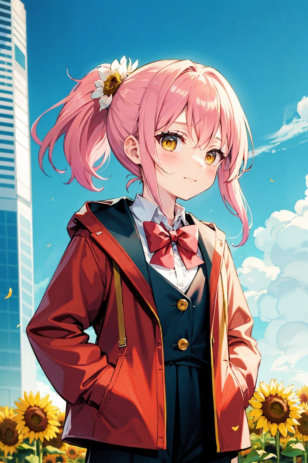  (best quality), ((masterpiece)), (highres),standing,original, extremely detailed wallpaper, (an extremely delicate and beautiful),(loli：1.2),(petite:1.2),Pink hair,Yellow eyes, (red Jacket),high ponytail,white collared shirt,hair flower,fipped hair,floating hair,Frown,hands in pockets,black dress,red bowtie,(solo),sky, skyline, skyscraper, smile, solo, sunflower, tower, upper_body,white flower