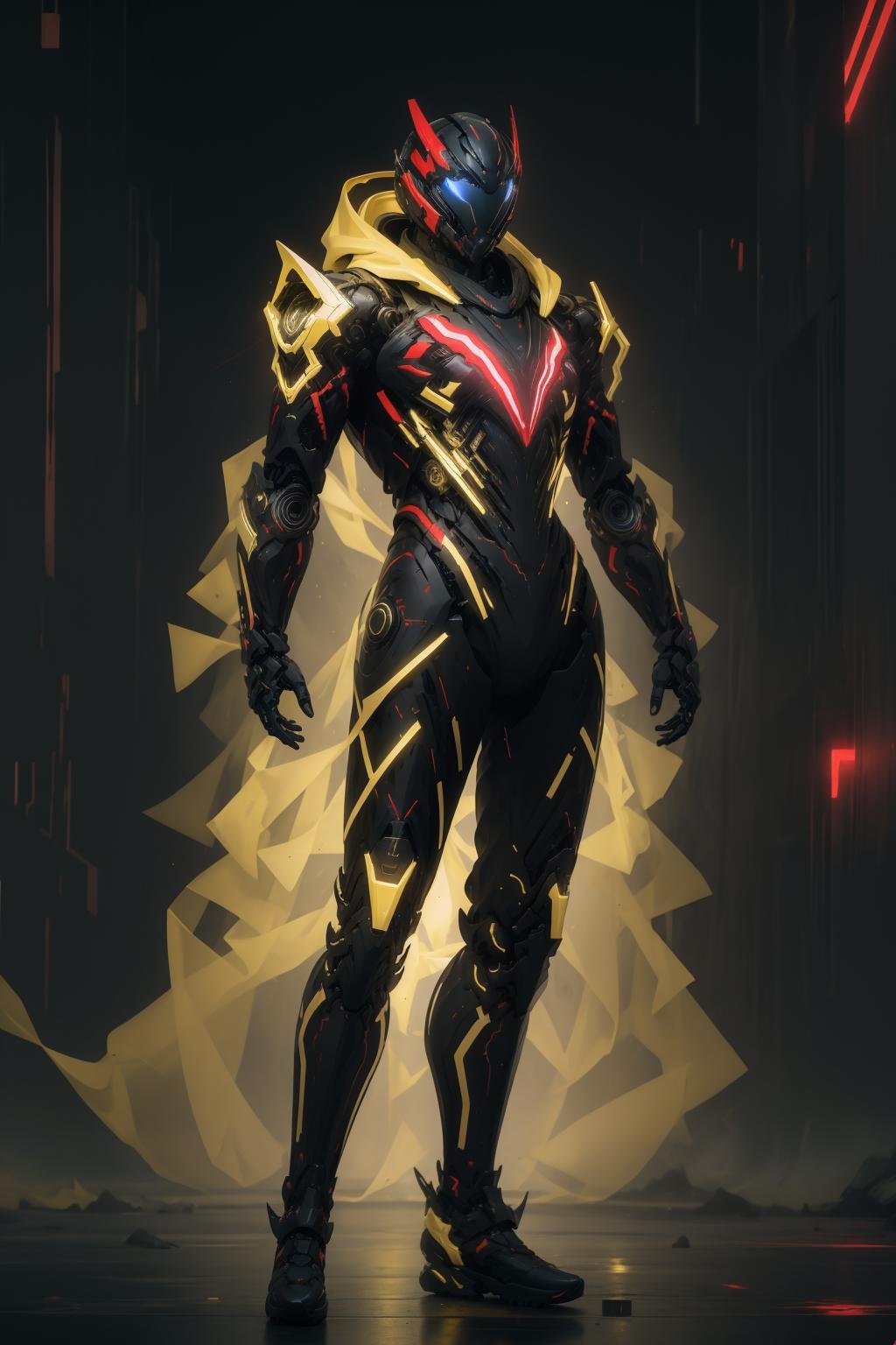 ((best quality)),absurdres,(ultra high res), (red theme:1.2), (yellow theme:1.2), mechanical suit, cyber helmet, fogging, looking at viewer, (8k), (Masterpiece),  <lora:robsuit:0.77>