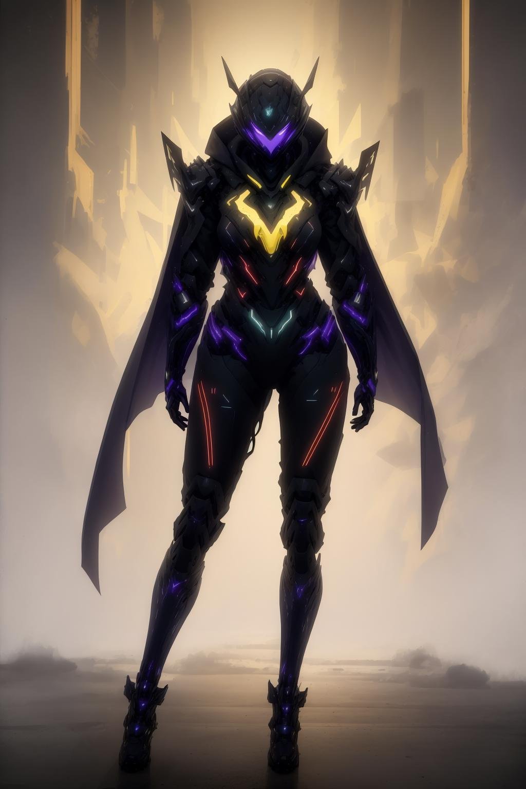 ((best quality)),absurdres,(ultra high res), (yellow theme:1.2), (red theme:1.2), (blue theme:1.2),  (dark green theme:1.2), (violet theme:1.2), a woman, mechanical suit, black cape, looking at viewer, realistic, extreamly detailed, (8k), (Masterpiece),  <lora:robsuit:0.77>