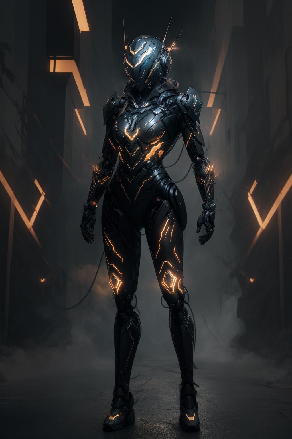 ((best quality)),absurdres,(ultra high res), mechanical suit, cyber helmet, full body, looking at viewer, (8k), (Masterpiece), <lora:Darknight:0.77> 