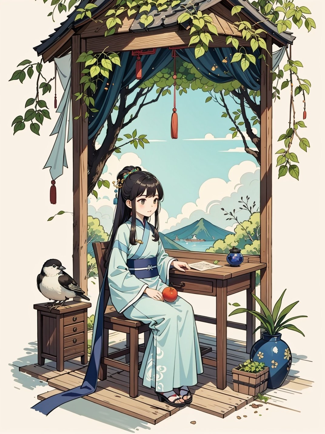 A five year old Chinese girl wearing a light blue Hanfu,very cute,with a cute and beautiful round face. She sits in front of a desk and looks up at the sky,confident,charming,antique,CG rendered,cg rendering,, A ink painting of a tranquil orchard with Chinese writing on it and a pair of birds building their nest, with a fruit-laden branch in the foreground, An Zhengwen, organic painting, a minimalist painting, art & language, ink and wash,