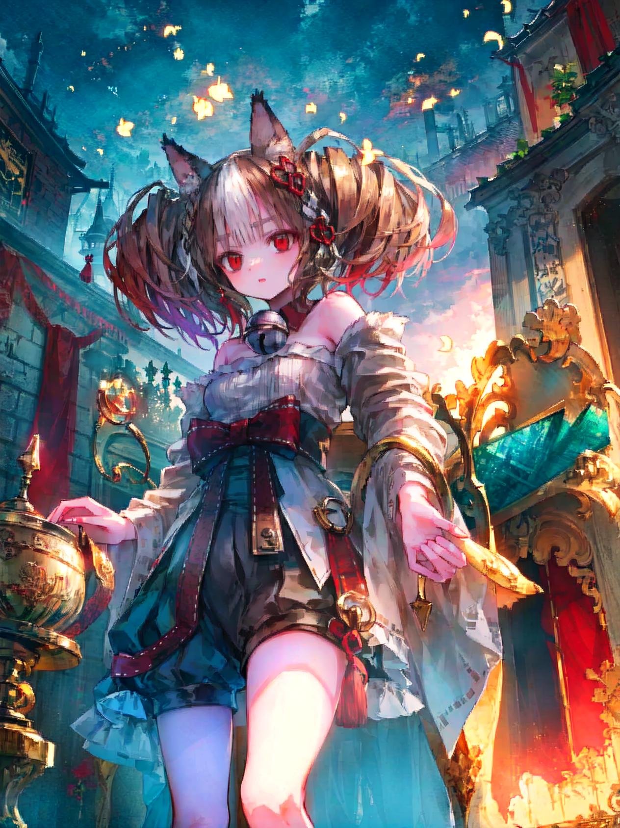 (Highest picture quality), (Master's work),(solo:1.2),backlighting,extremely delicate backgroud,white fog,animal ears ,1girl , fox ears ,bangs , red eyes , multicolored hair , twintails , animal ear fluff ,brown hair , hair ornament ,bell , dusk,sunset,building,cloudy sky,rim lighting, two tone lighting,acing viewer, <lora:oni-000020:0.6>,  <lora:lm7:0.5>  <lora:shadowverseSekkaLora_10:1>