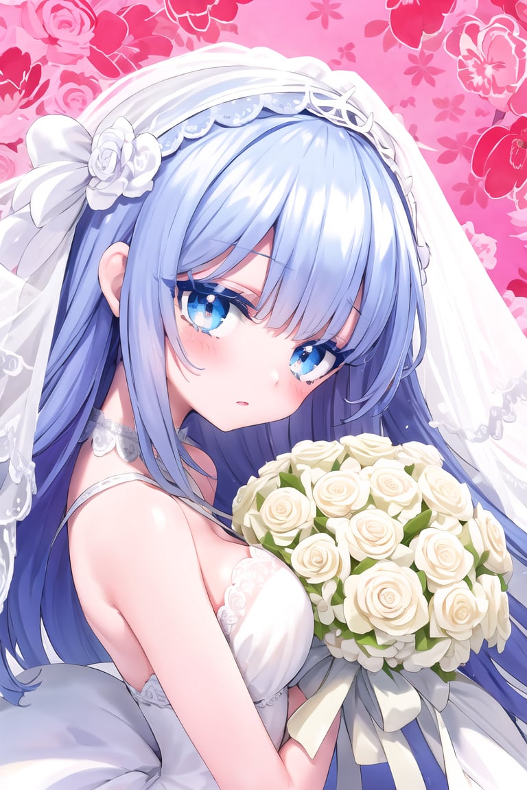 (nsfw:0.5), (eye focus, face, close-up:0.3), eyelashes, wedding dress, bridal veil, Bouquet, floral background , from side, from above, , (detached, wind, floating hair:-1) ,