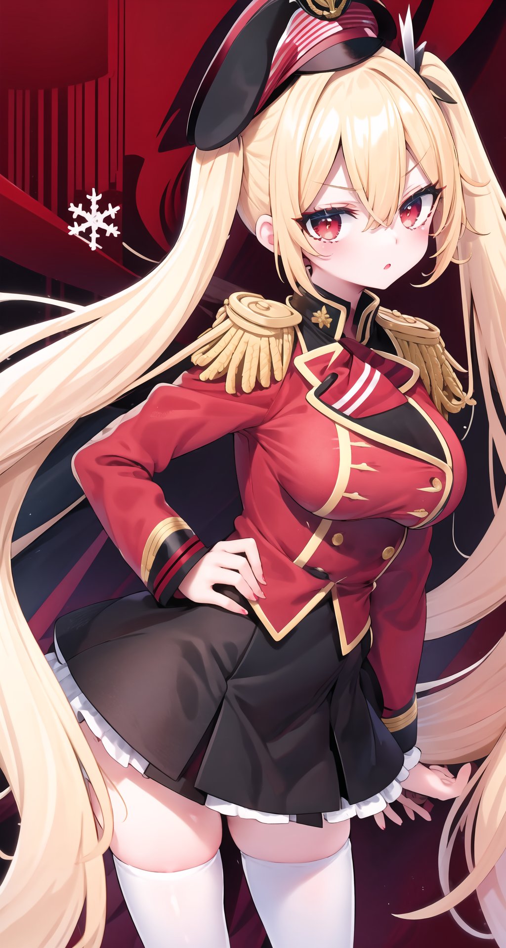 (eye focus, face, close-up:0.3), blond hair, red eyes, (military:1.2) officer, epaulettes, hat, coat, legs, annoying, twintails, large breasts, narrow waist, zettai_ryouiki, thighhighs, standing, cape, fur, winter, snow, bare tree, european_architecture, black jacket , dutch angle, foreshortening, from side , (wind, floating hair:-1) ,