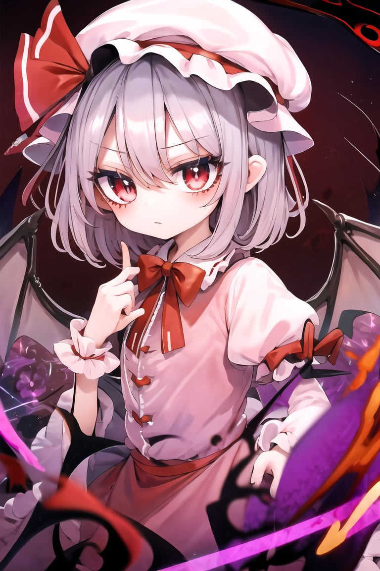 (eye focus, face, close-up:0.3), eyelashes, (touhou, remilia_scarlet:1.2) , dutch angle, head tilt , (detached, wind, floating hair:-1) ,