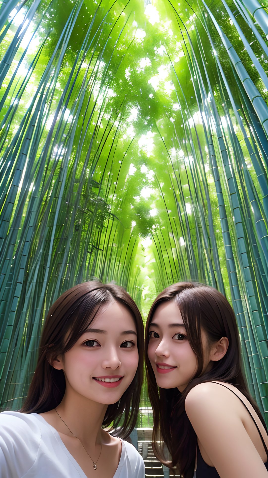 (best quality,masterpiece:1.2),ultra detailed,(photo realistic:1.4),(2 cute girls,:1.3),upper body,from below,lite smile,bamboo_grove_background