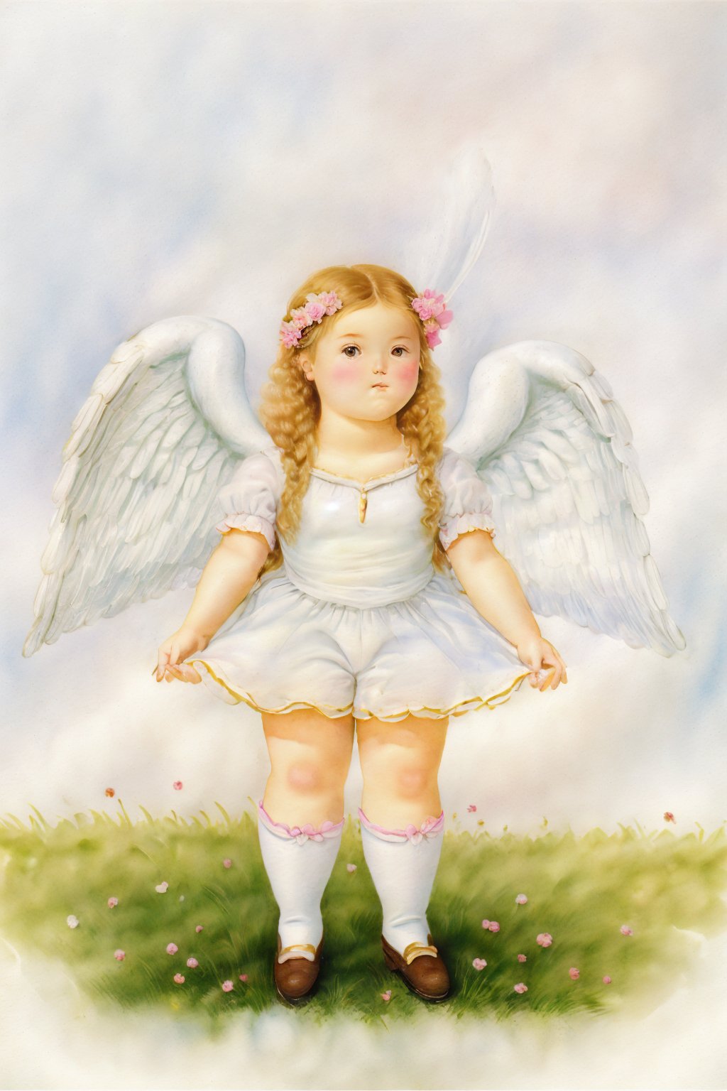  best quality,masterpiece,((simple background, blank background, pure white background)), (simple details),(minimalism:1.4), watercolor, chibi:2,den:2,(cute, sweet, fantasy),little angel girl:3,angel wings,long hairs,on grass,mini girl:1.2, Fernando Botero