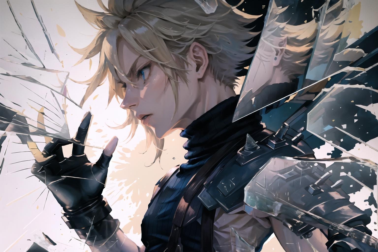 High Quality, Masterpiece, IncrsBrknGls, broken glass, reflection, <lora:BrokenGlass:1>, cloud strife, shoulder armor, sleeveless turtleneck, suspenders, belt, gloves, bracer, <lora:Char_FF7Remake_CloudStrife:0.9>, solo, 1boy,  from side, 