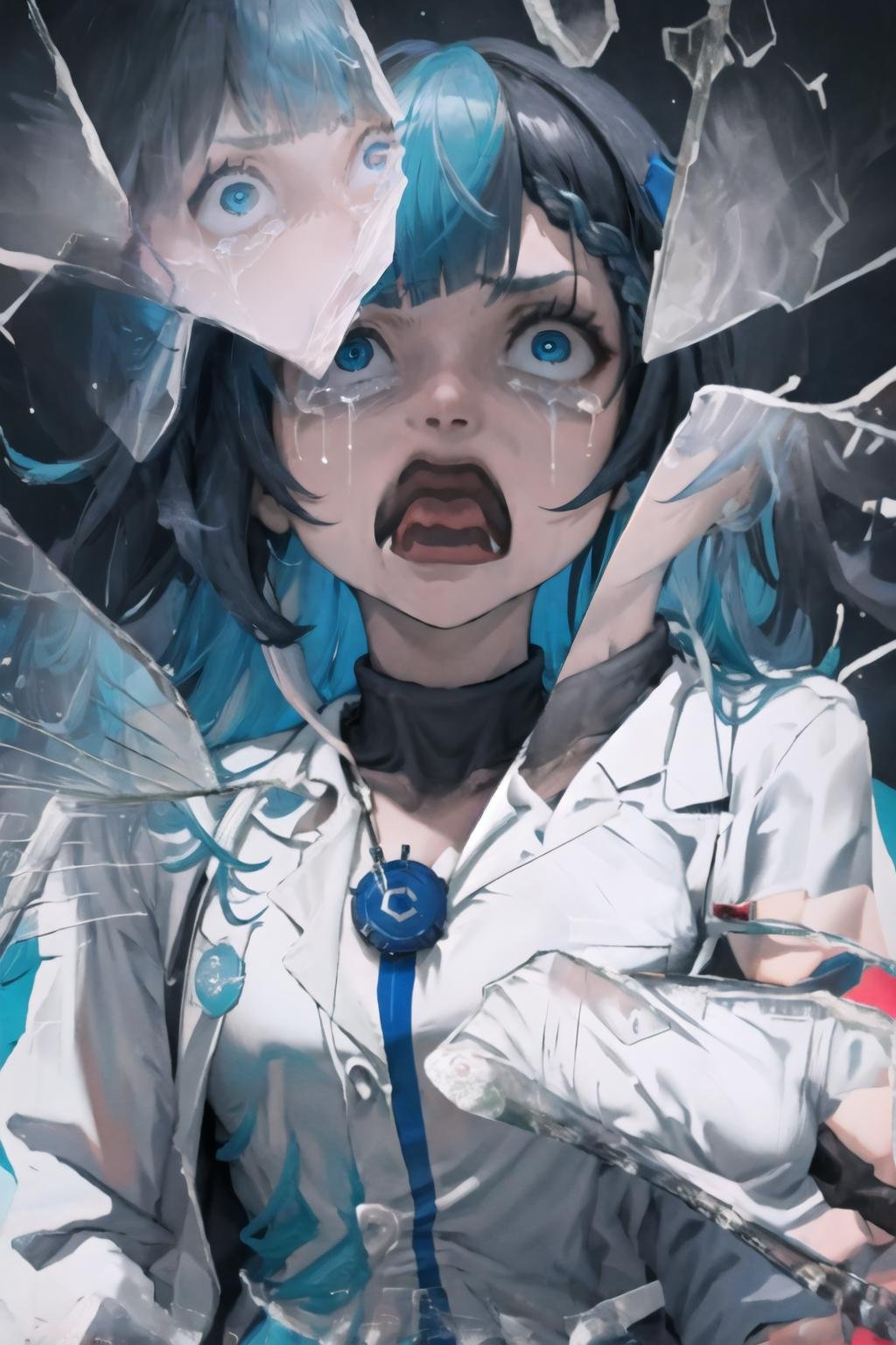 High Quality, Masterpiece, IncrsBrknGls, broken glass, reflection, <lora:BrokenGlass:1>, aquascreaming, screaming, open mouth, crying with eyes open, <lora:Pos_AquaScreaming:1.2>, civitai-chan, braided bangs, multicolored hair, black hair, blue hair, blue eyes, necklace, labcoat, shirt, <lora:Char_Meme_Civitaichan:0.8>, upper body, 