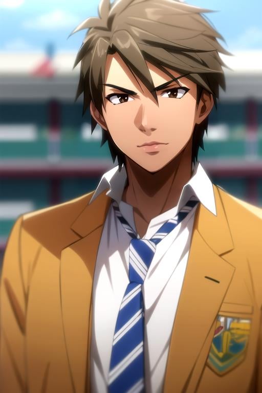 masterpiece, best quality, wallpaper, 1boy, solo, male focus, looking at viewer, , , , realistic, <lora:masato_kadowaki:0.98>, masato_kadowaki, masato_kadowaki, brown hair, brown eyes, rugby shirt, , convention,