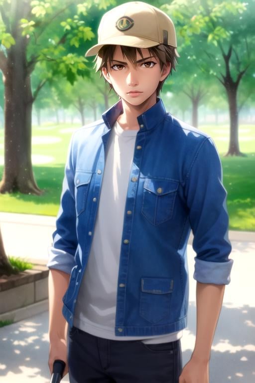 masterpiece, best quality, wallpaper, 1boy, solo, male focus, looking at viewer, , depth of field, (watercolor illustration, soft pastel colors:1.1), realistic, <lora:masato_kadowaki:0.84>, masato_kadowaki, masato_kadowaki, brown hair, brown eyes, windbreaker, golf cap, sci-fi, HD