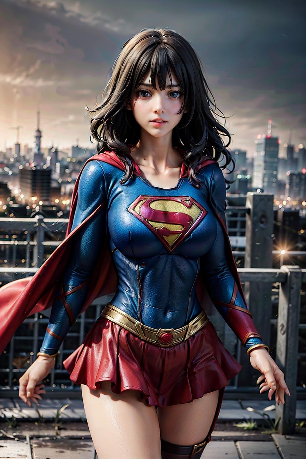 woman posing for a photo,(wearing supergirl_cosplay_outfit,white and red outfit:1.3), good hand,4k, high-res, masterpiece, best quality, head:1.3,((Hasselblad photography)), finely detailed skin, sharp focus, (cinematic lighting), collarbone, night, soft lighting, dynamic angle, [:(detailed face:1.2):0.2],(((city background))), outside, <lora:supergirl_cosplay_outfit:0.7>