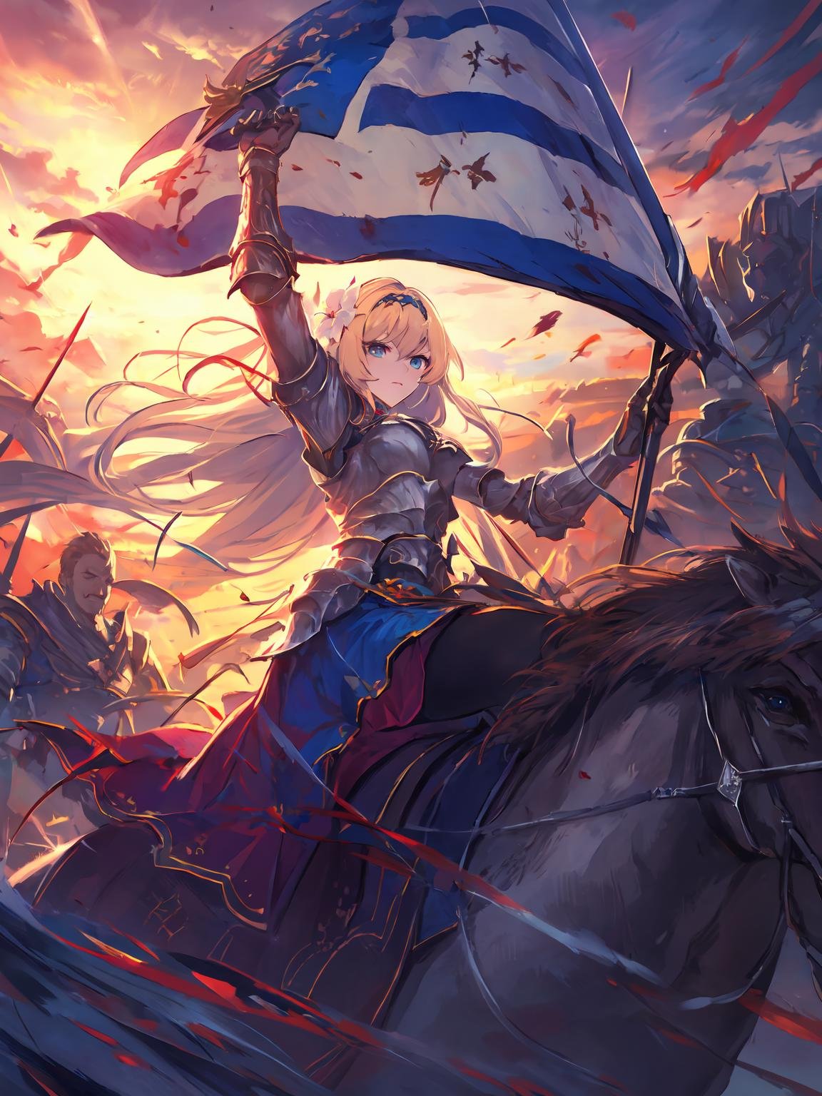 masterpiece,best quality,highres,cinematic lighting,dramatic angle,<lora:CygamesJeanneV6-000010:0.75> ,blonde hair,hair ornaments,hair flower,hairband,blue eyes,battlesuit,armor,flag,pantyhose,long skirt,straight-on,dawn,sunrise,serious,portrait,looking forward,thick thighs,from below,flag,holding sword,hand up,riding on horse,riding<lora:强化 剑来UnlimitedBladeWorksv0.4:0.75> 