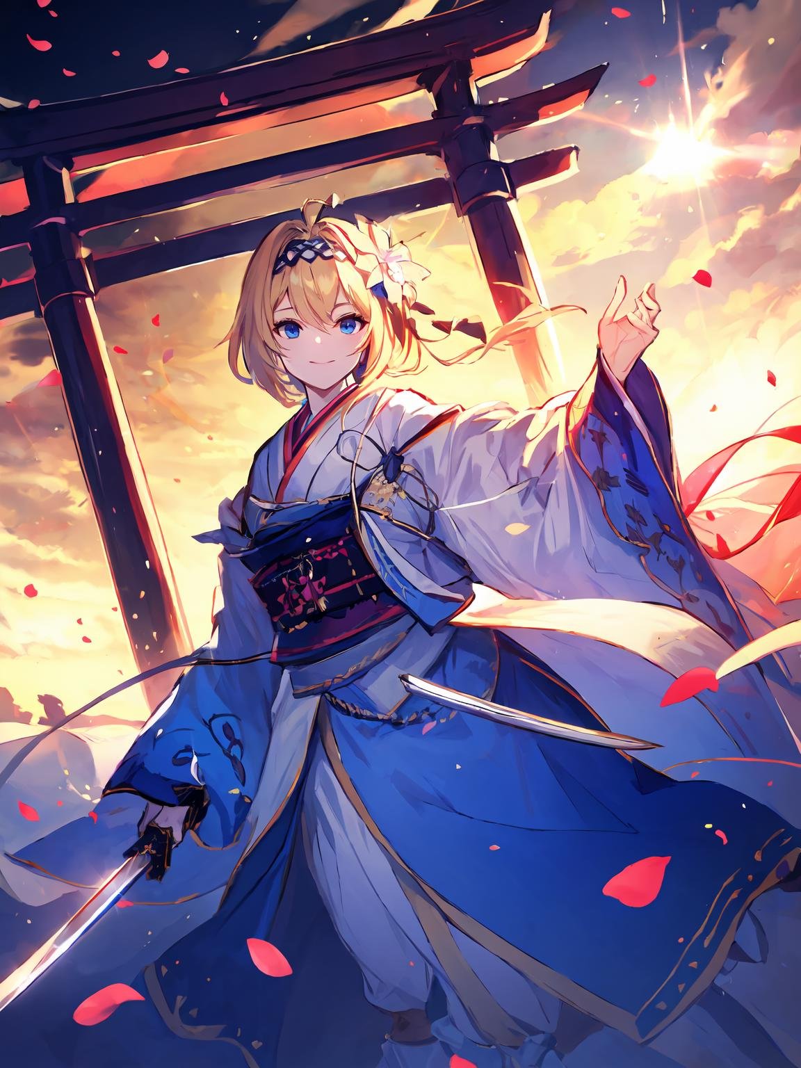 masterpiece,best quality,highres,cinematic lighting,dramatic angle,<lora:CygamesJeanneV6-000010:0.75> ,blonde hair,hair ornaments,hair flower,hairband,blue eyes,costume7,furisode,long sleeves,ribbon,braid,flower,hairband,japanese clothes,kimono,sash,petals,obi,Unsheathing Sword,katana,holding,jinja,torii,looking at viewer,smile,<lora:强化 剑来UnlimitedBladeWorksv0.4:0.8> ,lens flare,dynatic angle