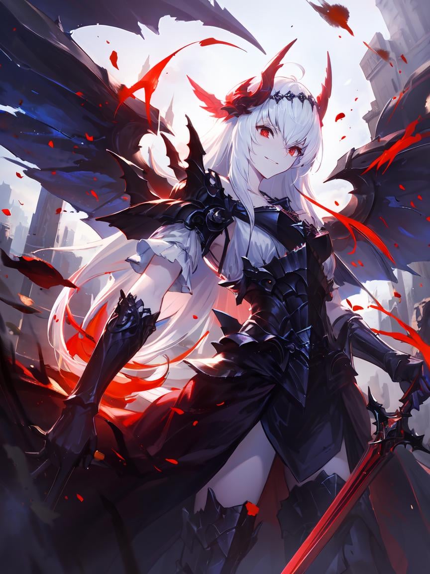 masterpiece,best quality,highres,cinematic lighting,dramatic angle,<lora:CygamesJeanneV6-000001:0.75>,costume9,white hair,red eyes,wings,tilting head,holding,sword,glowing,cruel smile,blood,flaming,burning city,fire,depth of field