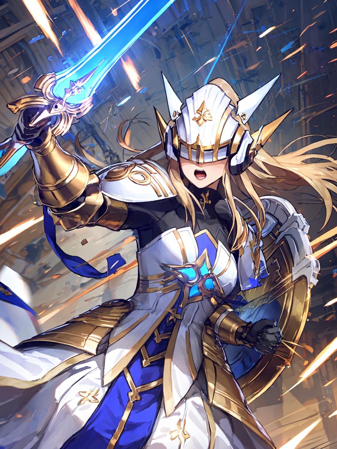 masterpiece,best quality,highres,1girl,<lora:ShadowverseHolySaberV4-000025:0.8>,,alternative1,white helmet,white armor,middle blue skirt,holding,blue sword,shield,fighting stance,dynatic angle,motion blur,open mouth,covered eye,unevolved