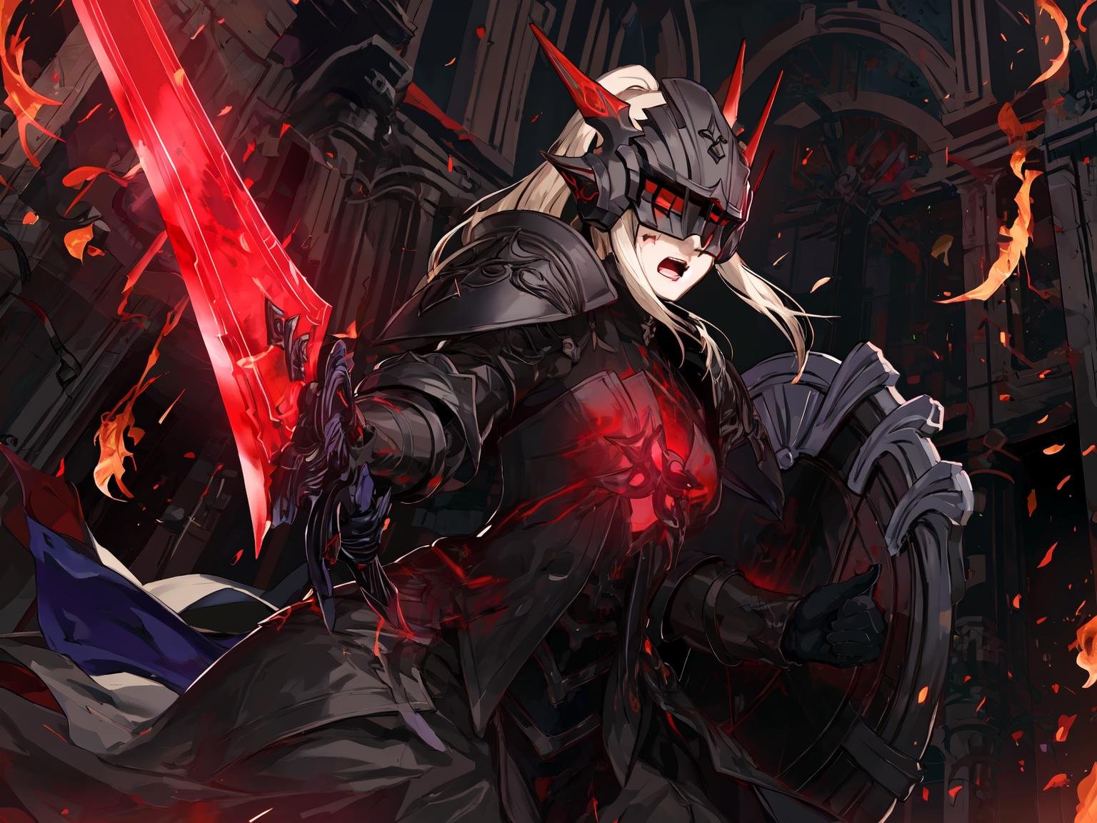 masterpiece,best quality,highres,1girl,<lora:ShadowverseHolySaberV4-000025:0.75>,alternative3,black helmet,covered eye,holding,red sword,expressionless,red eyes,,black armor,middle red dress,purple theme,glowing particles,asymmetrical eyes,from side,fighting stance,dynatic angle,open mouth,serious,fire,flames,cursed aura,ruins,ashes,blood,facial mark,flames,shield,monochrome