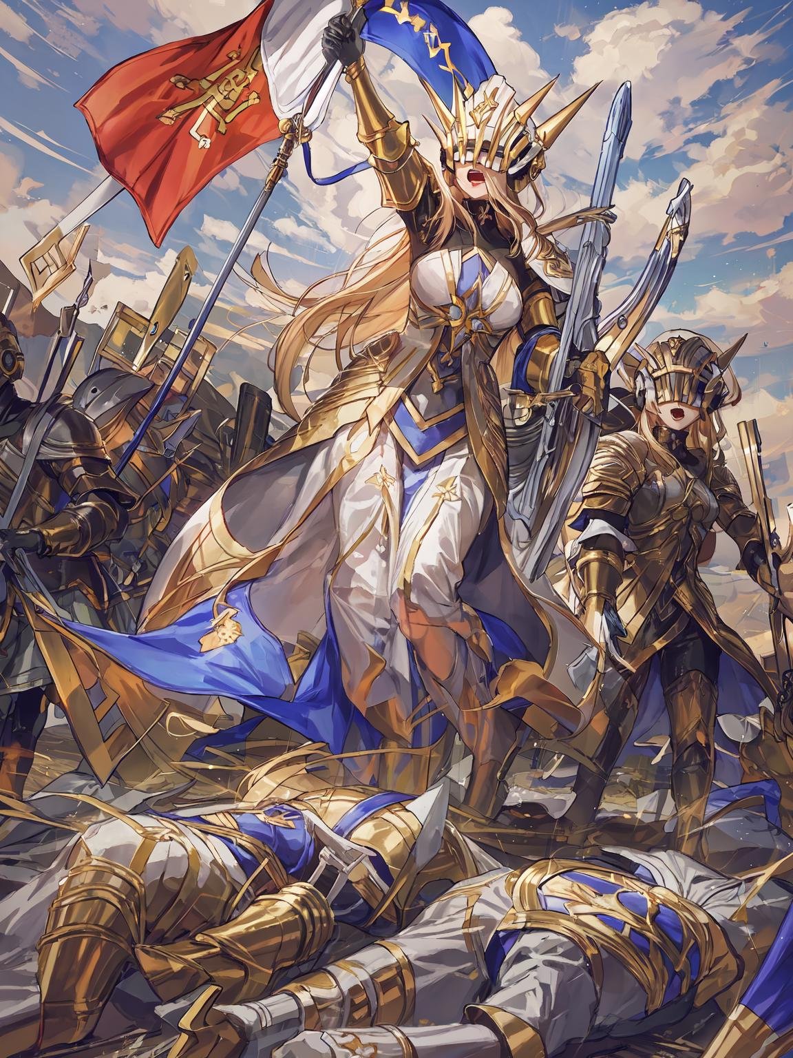 masterpiece,best quality,highres,1girl,<lora:ShadowverseHolySaberV4-000025:0.75>,liberty leading the people, holding,flag,shield,white helmet,white armor,middle blue skirt,open mouth,looking to the side ,covered eyes,unevolved,alternative1,followed by crowd,standing on hill,corpses on ground,pile of corpses