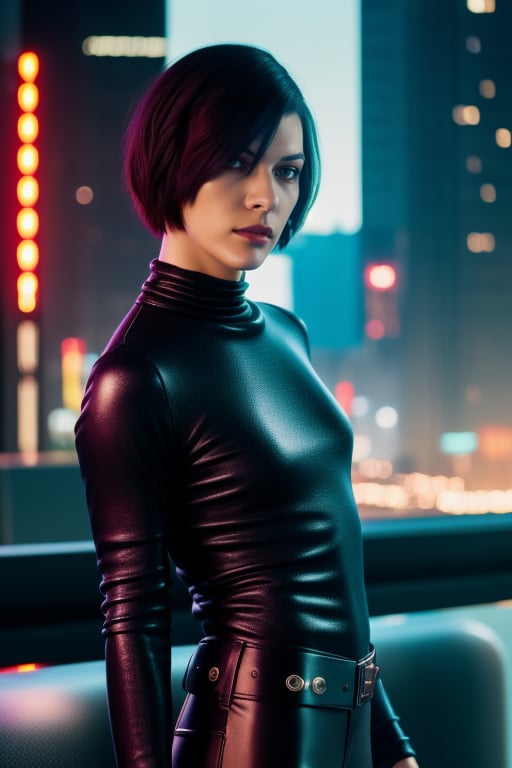 photo of wo_millajov01, short bob hair, wearing a oversized sweater and tight leather pants, cyberpunk futuristic city at the background, upper body, facing the camera, detailed skin, 20 megapixel, canon eos r3, detailed skin, detailed, detailed face