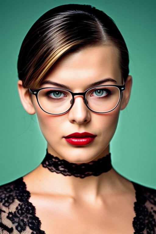 glasses, Sharp Focus, wo_millajov01, her expression is sexy with parted lips, dark blonde hair, (close-up:0.8), low key lighting, shot on Lumix GH5, cinematic bokeh, lace choker, (simple background:1.2), teasing, detailed skin,<lora:659111690174031528:1.0>