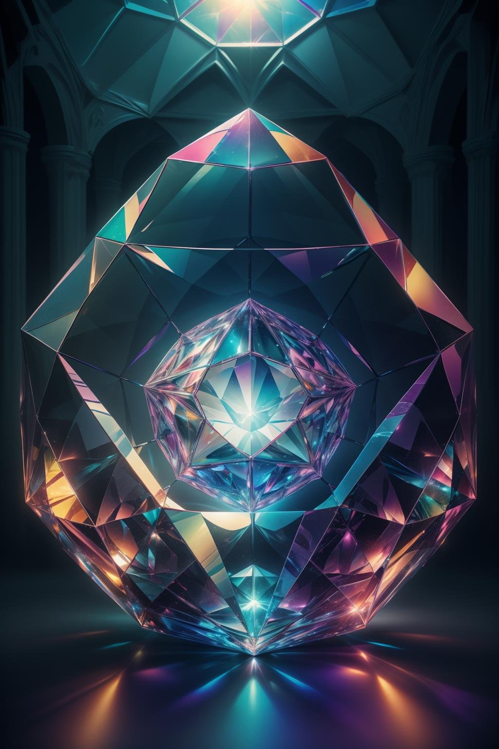 (masterpiece, top quality, best quality, official art, beautiful and aesthetic:1.2),(radial composition:1.2),(1 girl:1.2),upper body,a nun wearing a transparent hood rebe made of azure crystal,crystalline leggings,magic ball,(crystal church interior),arch,colorful glass,mirror floor reflection,(iridescent,vivid fancy neon color),symmetrical ballance,glowing rainbow color long hair,fantasy,ethereal,epic,(fractal),<lora:samo crystal3-000009:0.6>,<lora:black issey miyake:0.3>,<lora:CrystallineAI:0.3>,