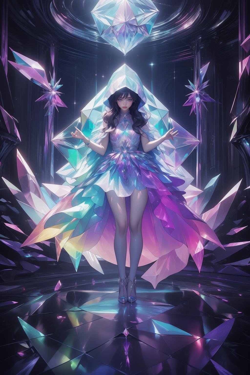 (masterpiece, top quality, best quality, official art, beautiful and aesthetic:1.2),(radial composition:1.2),1 girl,a nun wearing a transparent hood rebe made of azure crystal,crystalline leggings,magic ball,(crystal church interior),arch,colorful glass,mirror floor reflection,(iridescent,vivid fancy neon color),symmetrical ballance,glowing rainbow color long hair,fantasy,ethereal,epic,(fractal),<lora:samo crystal3-000009:0.7>,<lora:black issey miyake:0.2>,